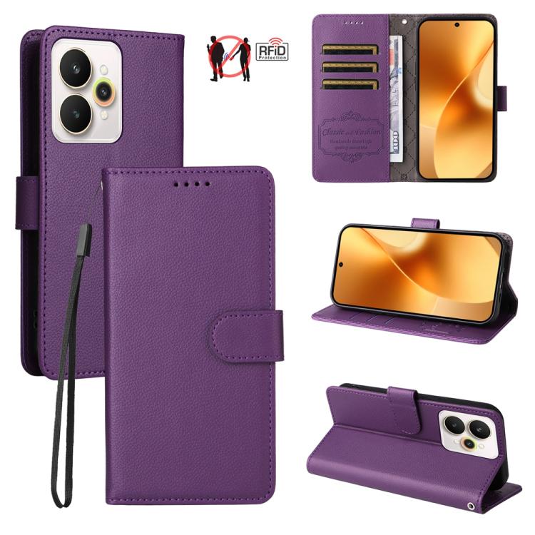 Purple leather wallet phone case with RFID card slots, lanyard, and folio stand