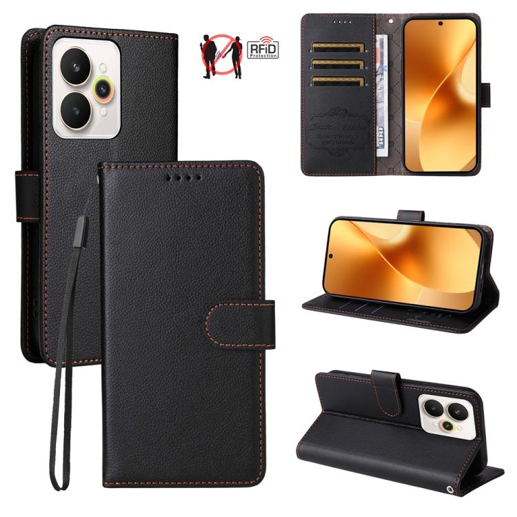 Black litchi-texture RFID wallet phone case with flip cover, card slots, and wrist strap