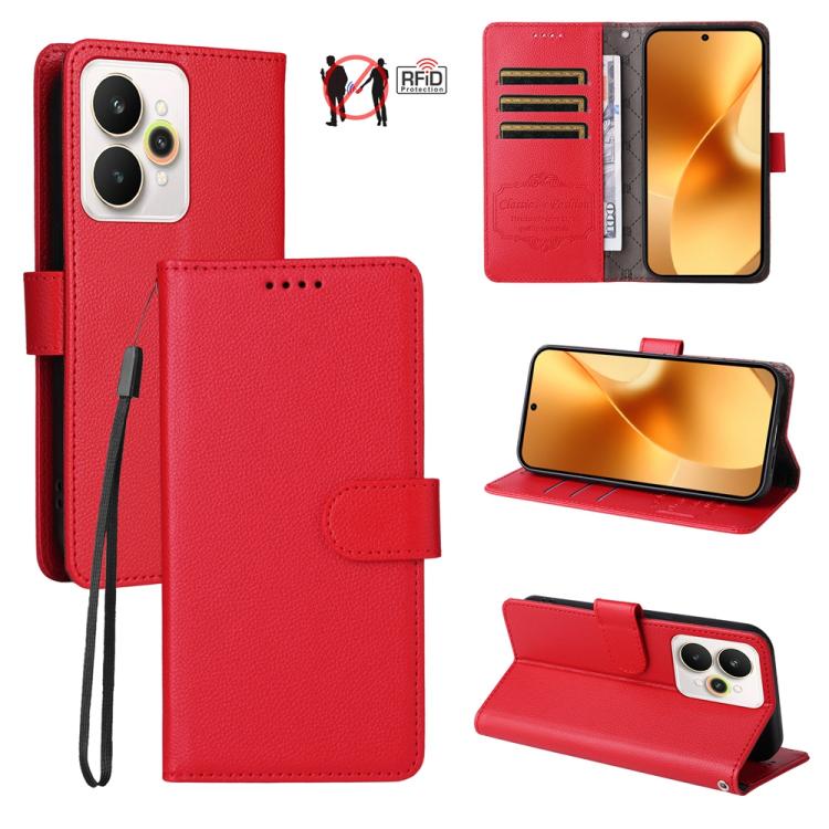 Red litchi-texture RFID wallet phone case with flip cover, card slots, and wrist strap