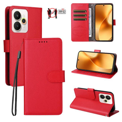 Red litchi-texture RFID wallet phone case with flip cover, card slots, and wrist strap
