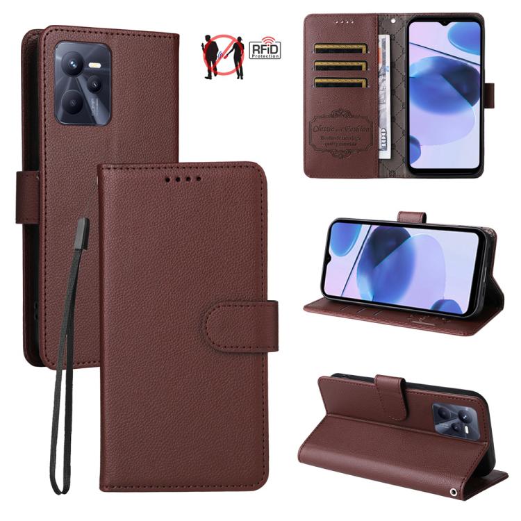 Litchi Texture RFID Blocking 3-Card Wallet Leather Phone Case, For Realme C55, For Realme C35 / Narzo 50A Prime