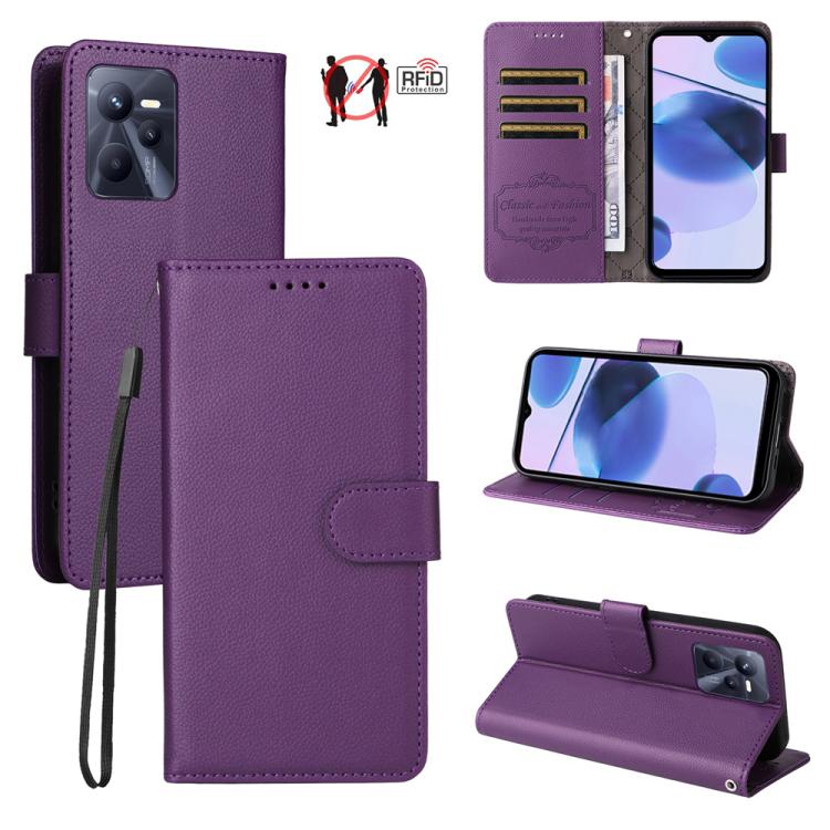 Litchi Texture RFID Blocking 3-Card Wallet Leather Phone Case, For Realme C55, For Realme C35 / Narzo 50A Prime