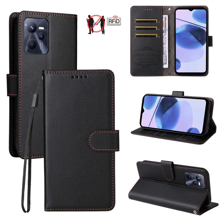 Litchi Texture RFID Blocking 3-Card Wallet Leather Phone Case, For Realme C55, For Realme C35 / Narzo 50A Prime