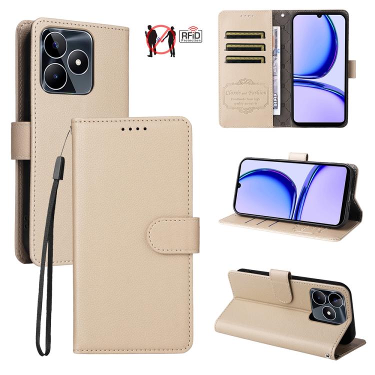 Beige textured leather phone wallet case with RFID card slots and kickstand.