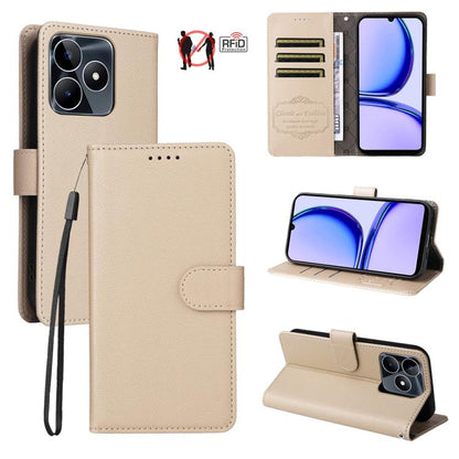 Beige textured leather phone wallet case with RFID card slots and kickstand.