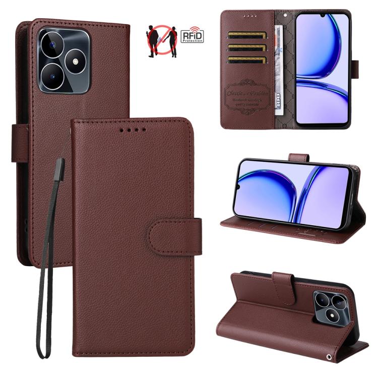 Brown textured leather phone wallet case with RFID card slots and kickstand.
