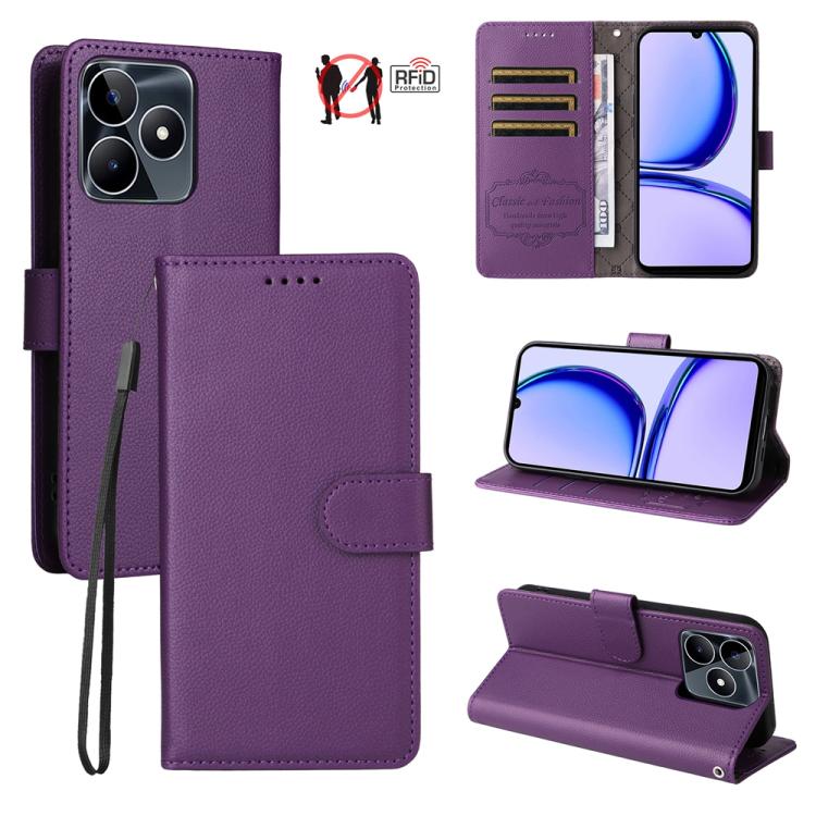 Purple textured leather phone wallet case with RFID card slots and kickstand.