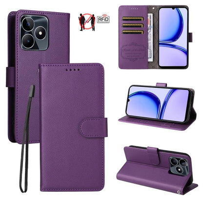 Purple textured leather phone wallet case with RFID card slots and kickstand.