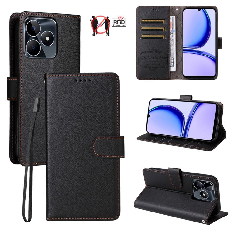 Black leather wallet phone case with RFID card slots, flip stand, and wrist strap