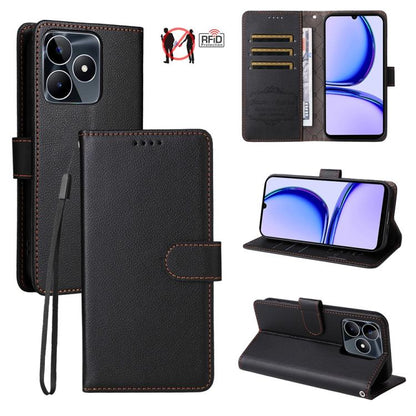 Black leather wallet phone case with RFID card slots, flip stand, and wrist strap
