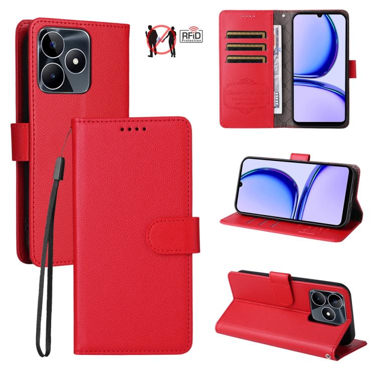 Red leather wallet phone case with RFID card slots, flip stand, and wrist strap