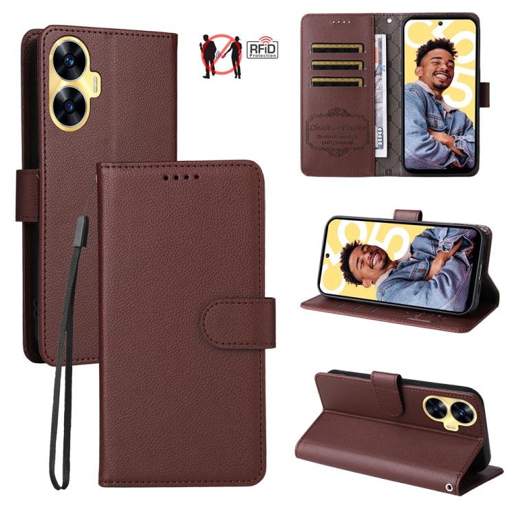 Litchi Texture RFID Blocking 3-Card Wallet Leather Phone Case, For Realme C55, For Realme C35 / Narzo 50A Prime