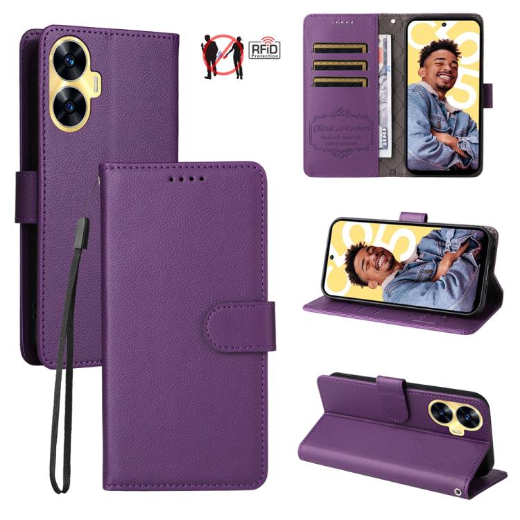 Litchi Texture RFID Blocking 3-Card Wallet Leather Phone Case, For Realme C55, For Realme C35 / Narzo 50A Prime
