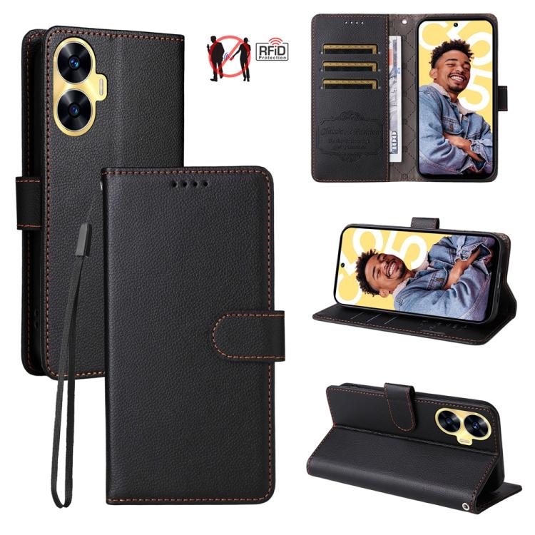 Litchi Texture RFID Blocking 3-Card Wallet Leather Phone Case, For Realme C55, For Realme C35 / Narzo 50A Prime