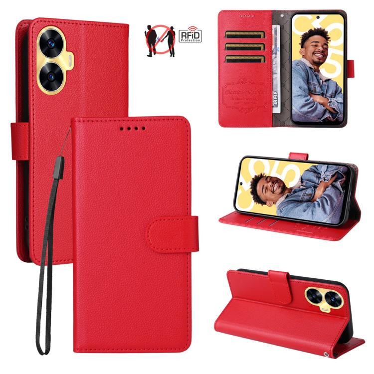 Litchi Texture RFID Blocking 3-Card Wallet Leather Phone Case, For Realme C55, For Realme C35 / Narzo 50A Prime