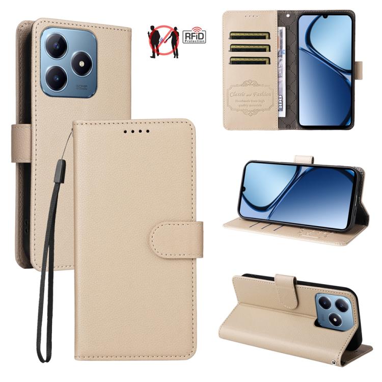 Beige textured leather wallet phone case with RFID card slots and flip viewing stand