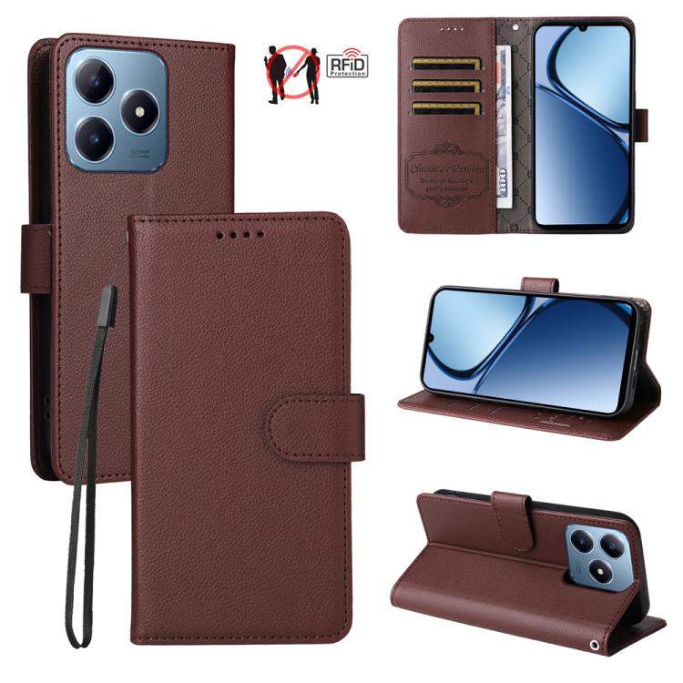 Brown textured leather wallet phone case with RFID card slots and stand cover