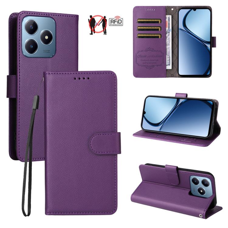 Purple textured leather wallet phone case with RFID card slots and flip viewing stand