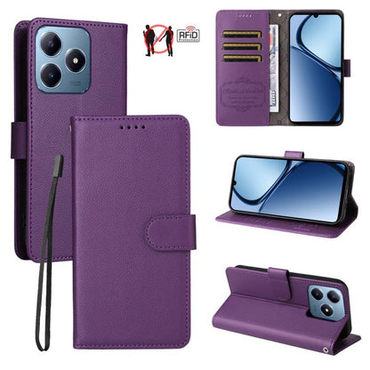 Purple textured leather wallet phone case with RFID card slots and flip viewing stand