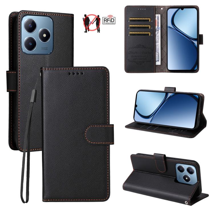 Black leather-texture RFID wallet phone case with 3 card slots, flip stand.