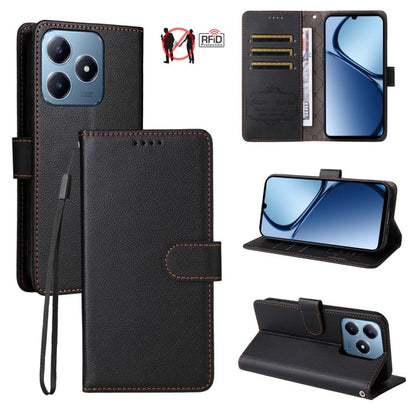 Black leather-texture RFID wallet phone case with 3 card slots, flip stand.