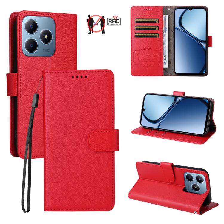 Red leather-texture RFID wallet phone case with 3 card slots, flip stand.