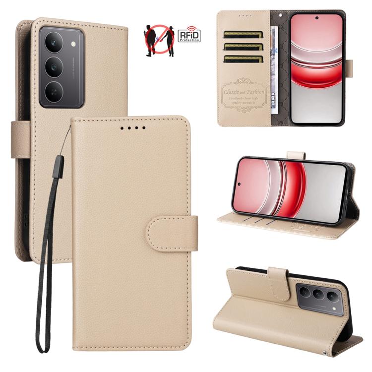 Beige litchi-texture RFID wallet phone case with flip cover, card slots, and wrist strap