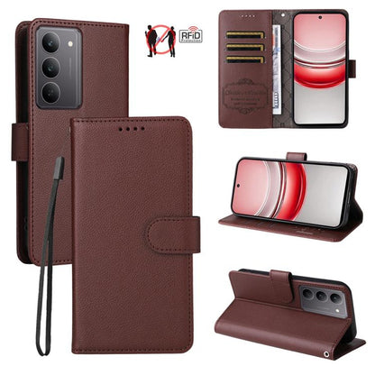 Brown litchi-texture RFID wallet phone case with flip cover, card slots, and wrist strap