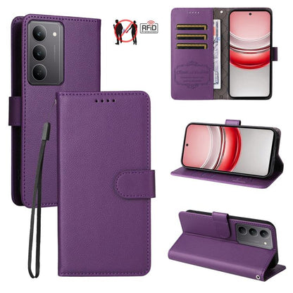 Purple litchi-texture RFID wallet phone case with flip cover, card slots, and wrist strap