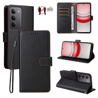 Dark gray litchi-texture RFID wallet phone case with flip cover, card slots, and wrist strap