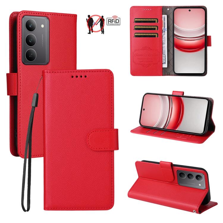 Red litchi-texture RFID wallet phone case with flip cover and built-in card holders