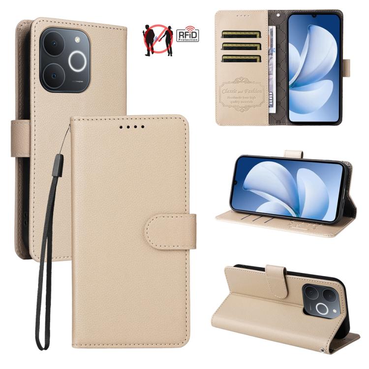 Beige litchi-textured leather wallet phone case with RFID card slots and folio stand