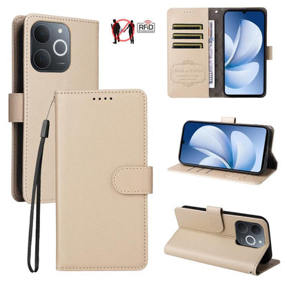 Beige litchi-textured leather wallet phone case with RFID card slots and folio stand