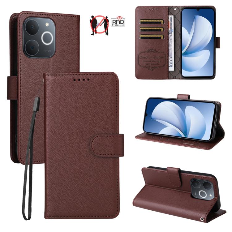 Brown litchi-textured leather wallet phone case with RFID card slots and folio stand