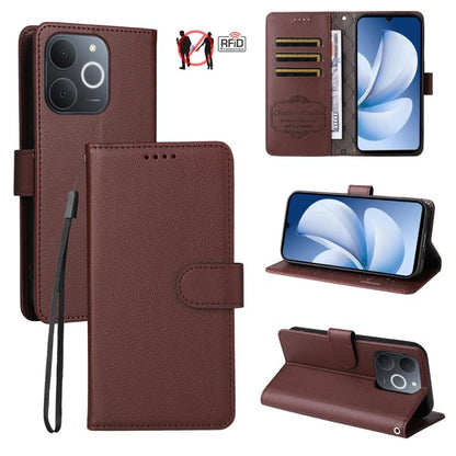 Brown litchi-textured leather wallet phone case with RFID card slots and folio stand
