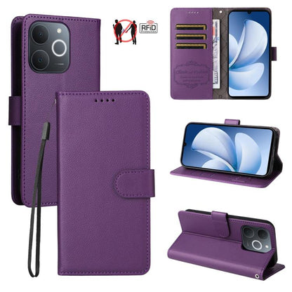 Purple litchi-textured leather wallet phone case with RFID card slots and folio stand