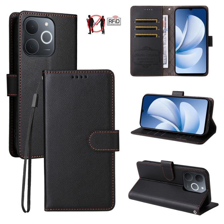 Black leather wallet phone case with RFID card slots, lanyard, and folio stand