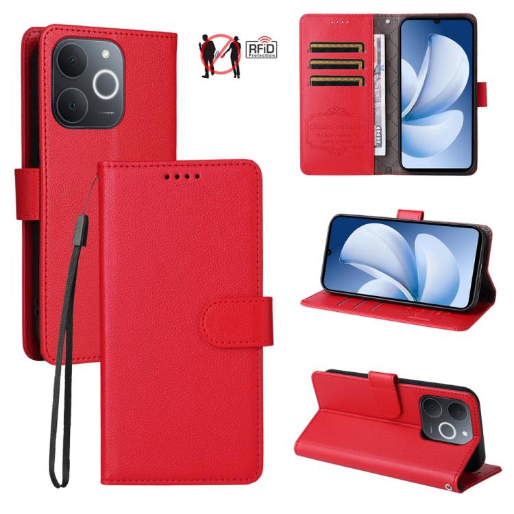 Red leather wallet phone case with RFID card slots, lanyard, and folio stand