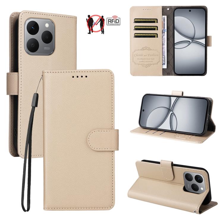 Beige litchi-texture RFID wallet phone case with 3 card slots and stand, folio flap.
