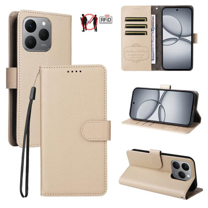 Beige litchi-texture RFID wallet phone case with 3 card slots and stand, folio flap.