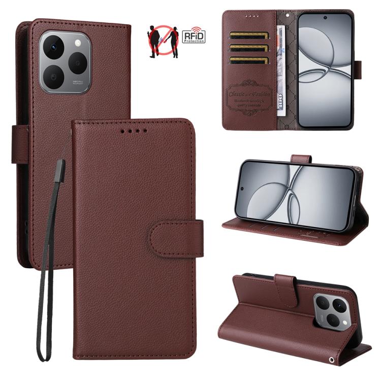 Brown litchi-texture RFID wallet phone case with 3 card slots and stand, folio flap.