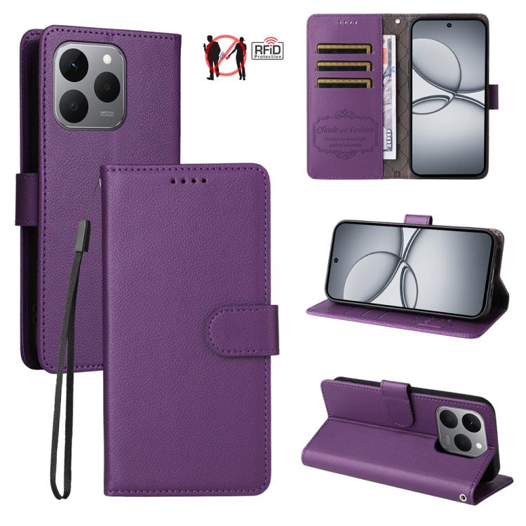 Purple litchi-texture RFID wallet phone case with 3 card slots and stand, folio flap.