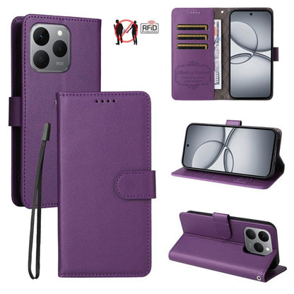 Purple litchi-texture RFID wallet phone case with 3 card slots and stand, folio flap.