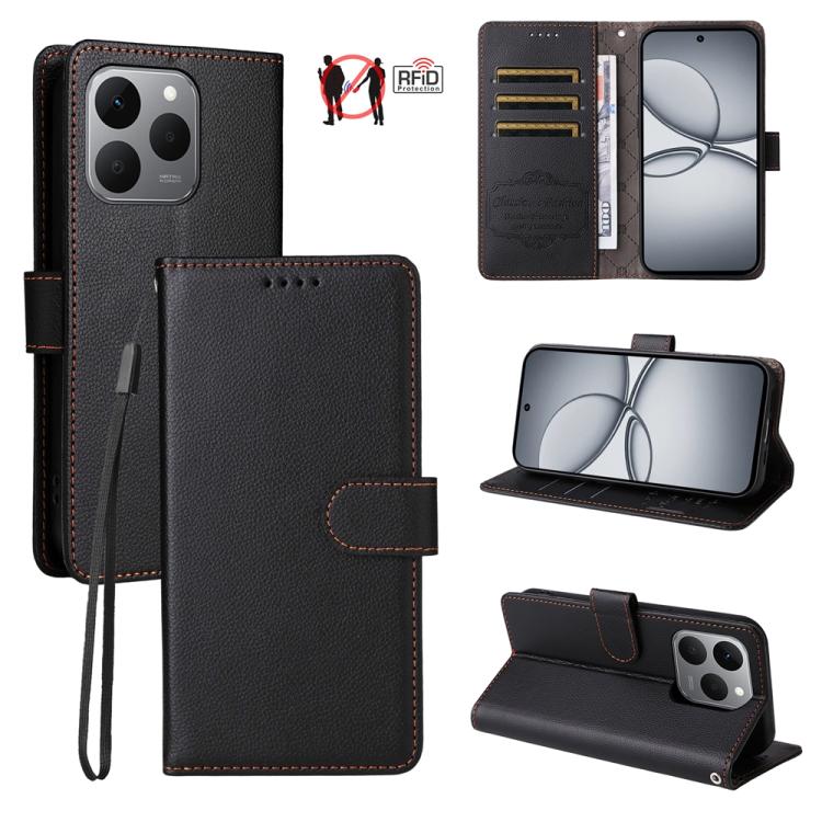 Black litchi-textured leather wallet phone case with RFID card slots and folio stand