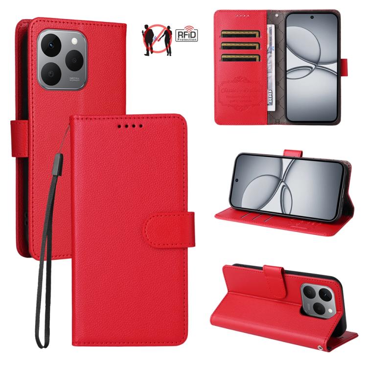 Red litchi-textured leather wallet phone case with RFID card slots and folio stand