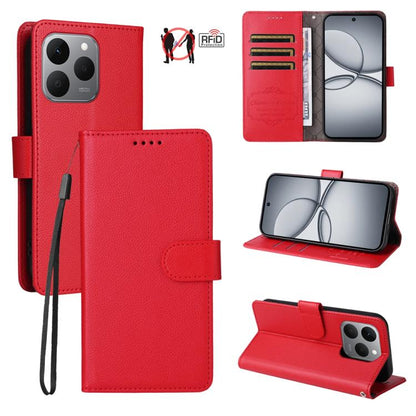 Red litchi-textured leather wallet phone case with RFID card slots and folio stand