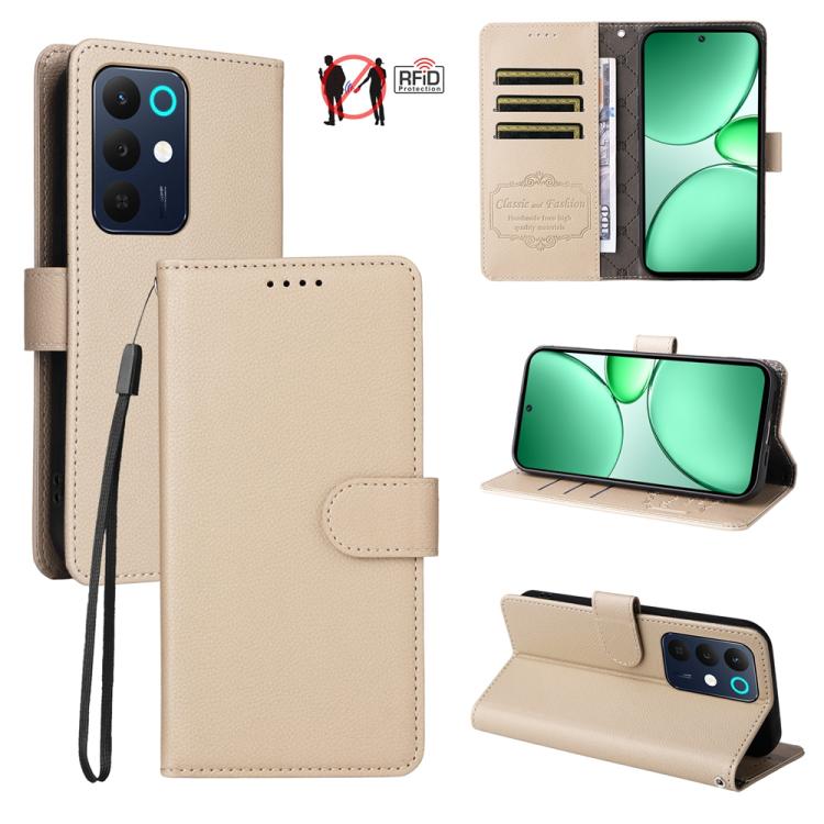 Beige RFID wallet phone case with litchi texture, card slots, and folio stand