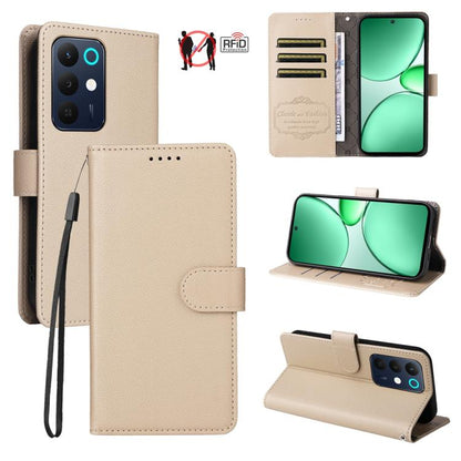 Beige RFID wallet phone case with litchi texture, card slots, and folio stand