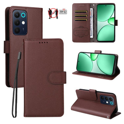 Brown RFID wallet phone case with litchi texture, card slots, and magnetic closure