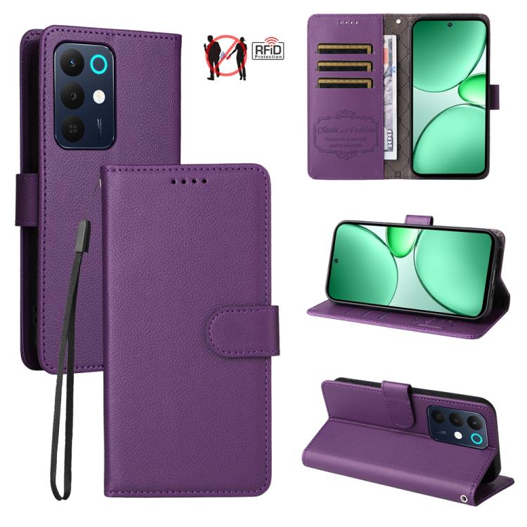 Purple RFID wallet phone case with litchi texture, card slots, and folio kickstand